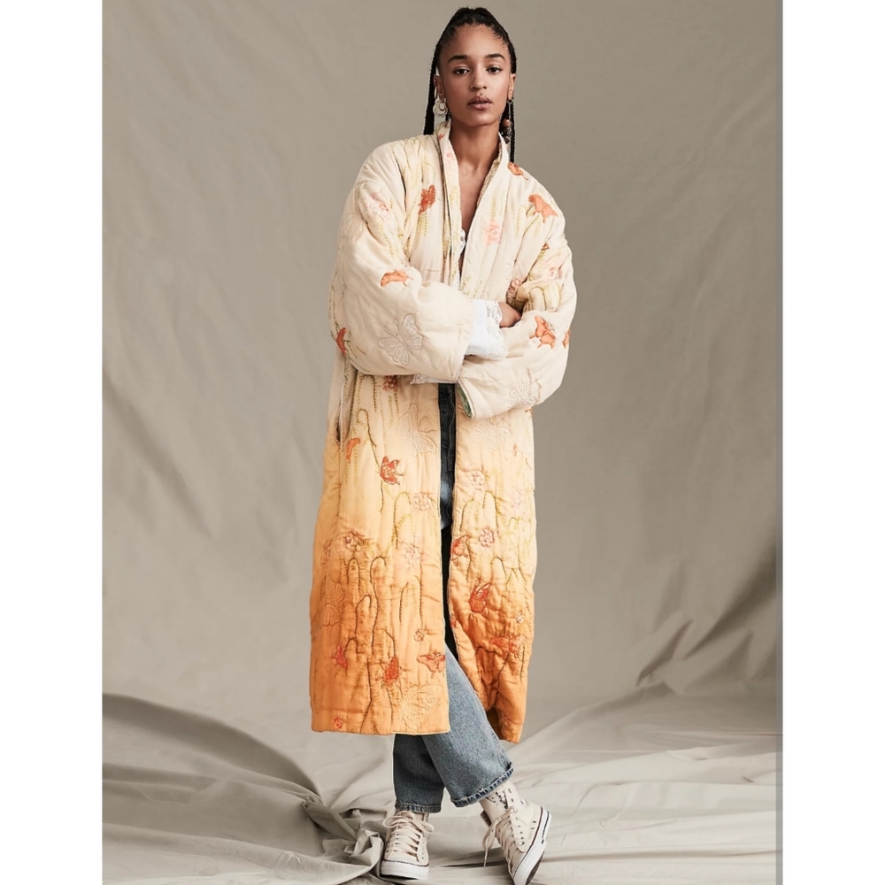 Free People Kimra Kimono Longline Maxi Jacket Ombre Embroidered Unique Coat